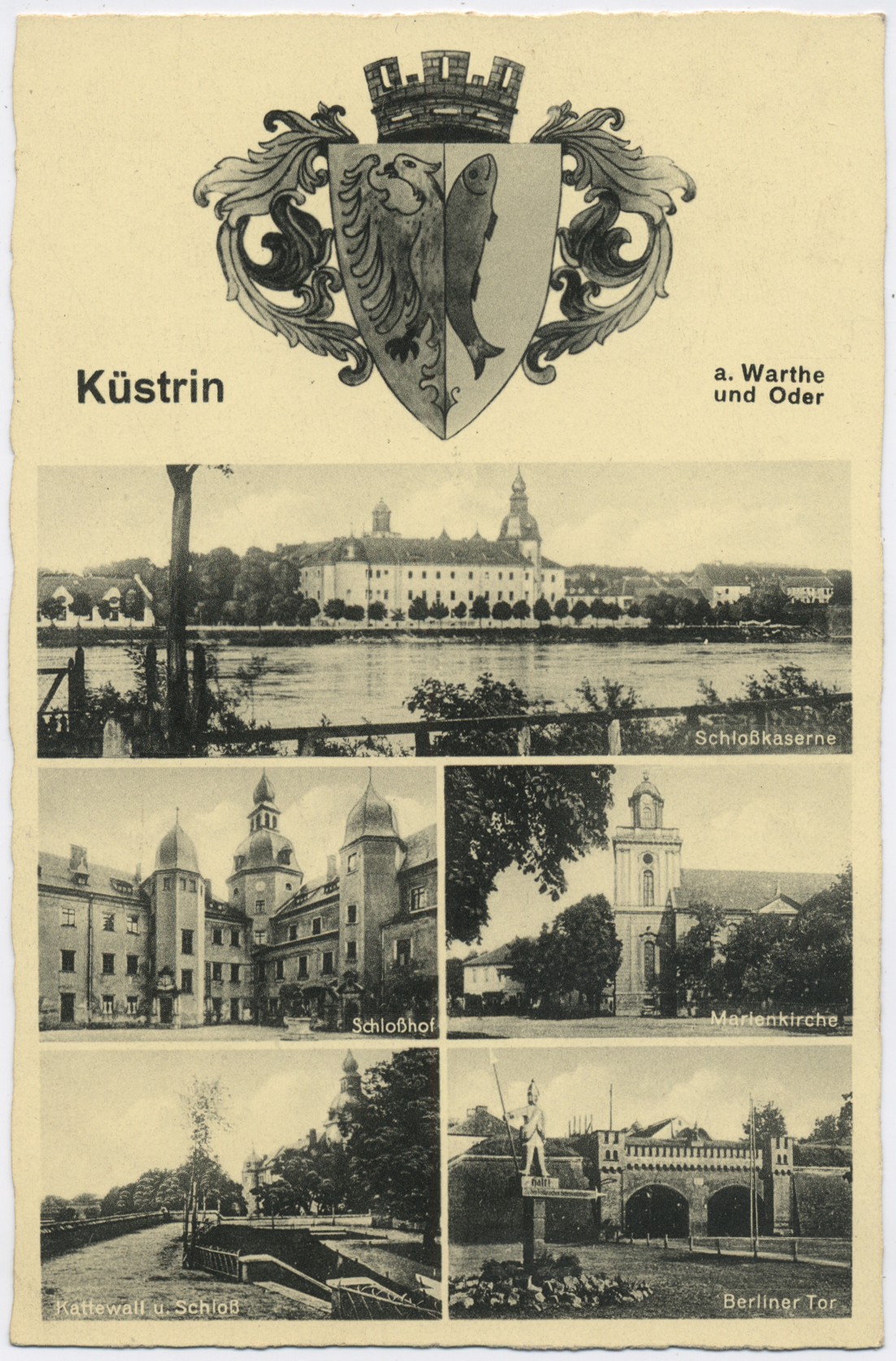 Postcard with photos of buildings and landscapes